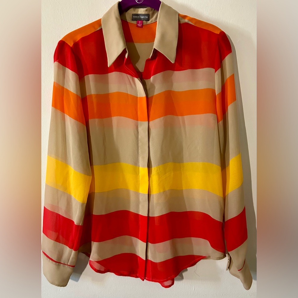 Vince Camuto Red, Yellow, Orange Striped Sheer Button-Down Shirt